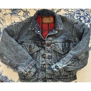 Vintage LEVIS Denim Jean‎ Jacket Youths Buffalo Plaid Lined Childs Small